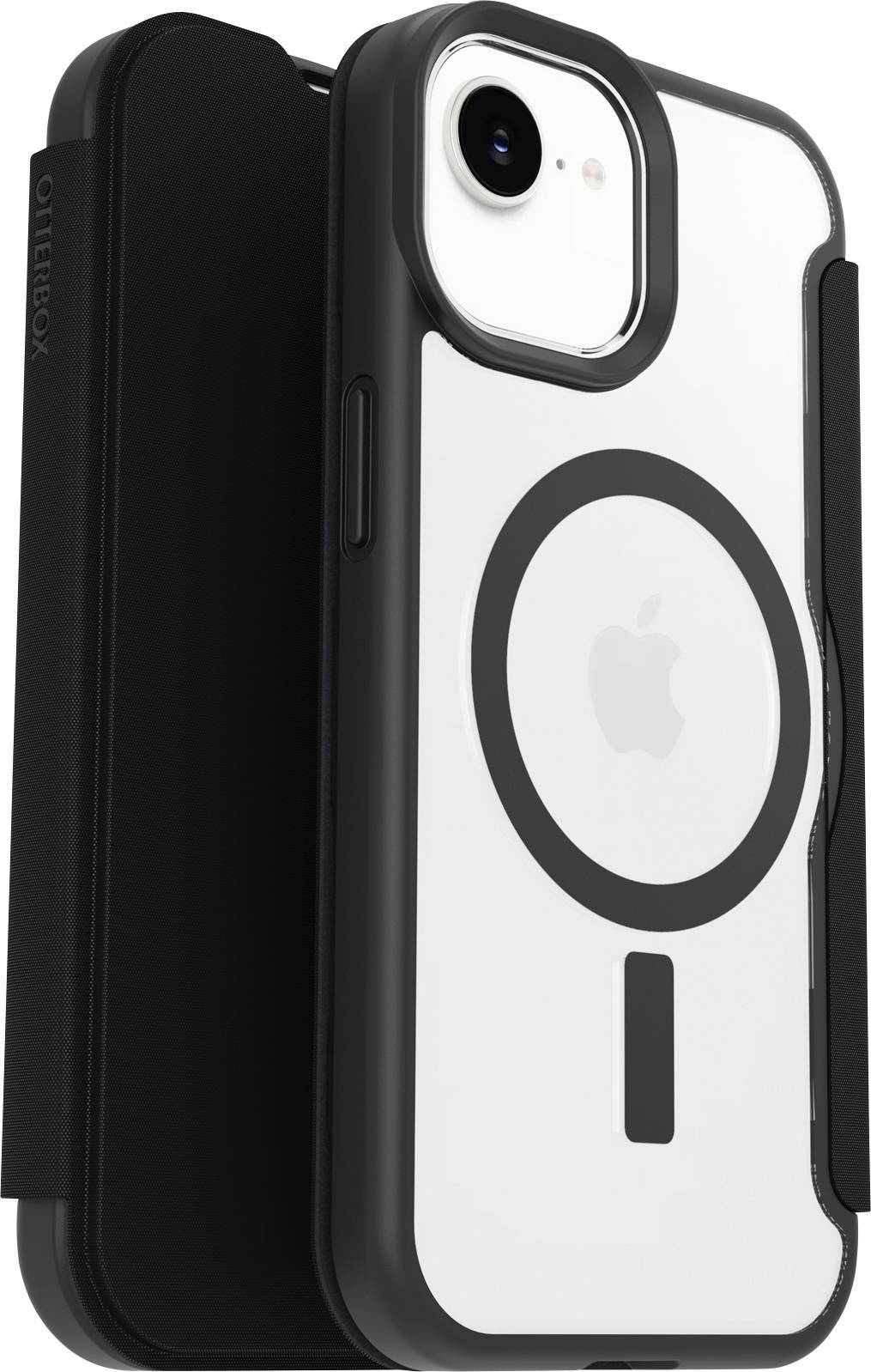 Transparetní a tmavý kryt iPhonu s magnetickým prstencem MagSafe a zvýšenou ochranou fotoaparátu, zobrazený zezadu na bílém pozadí.