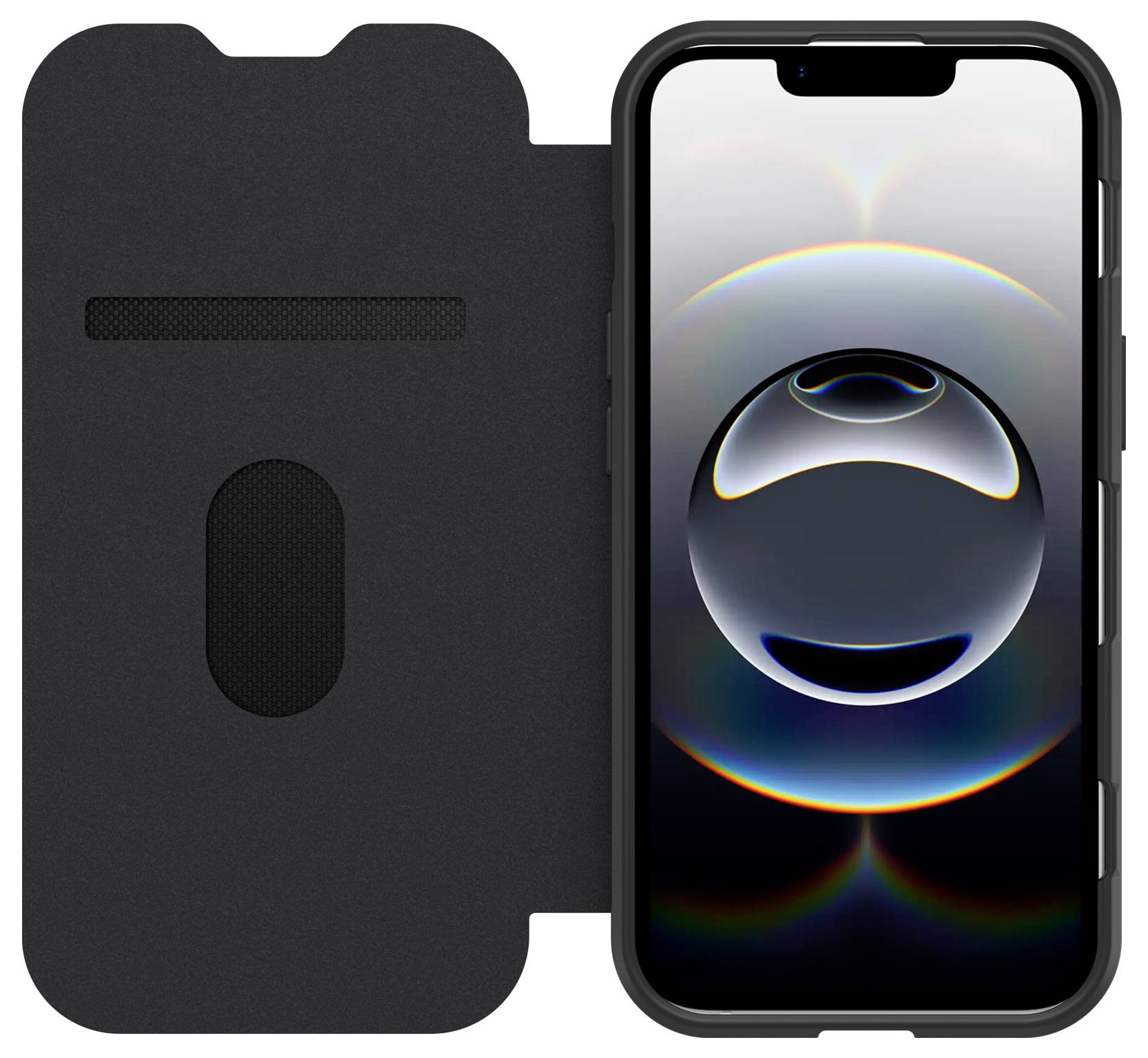 Černé pouzdro na telefon ve formátu folio zobrazeno otevřené vedle iPhonu, který ukazuje lesklou abstraktní tapetu s kuličkou.