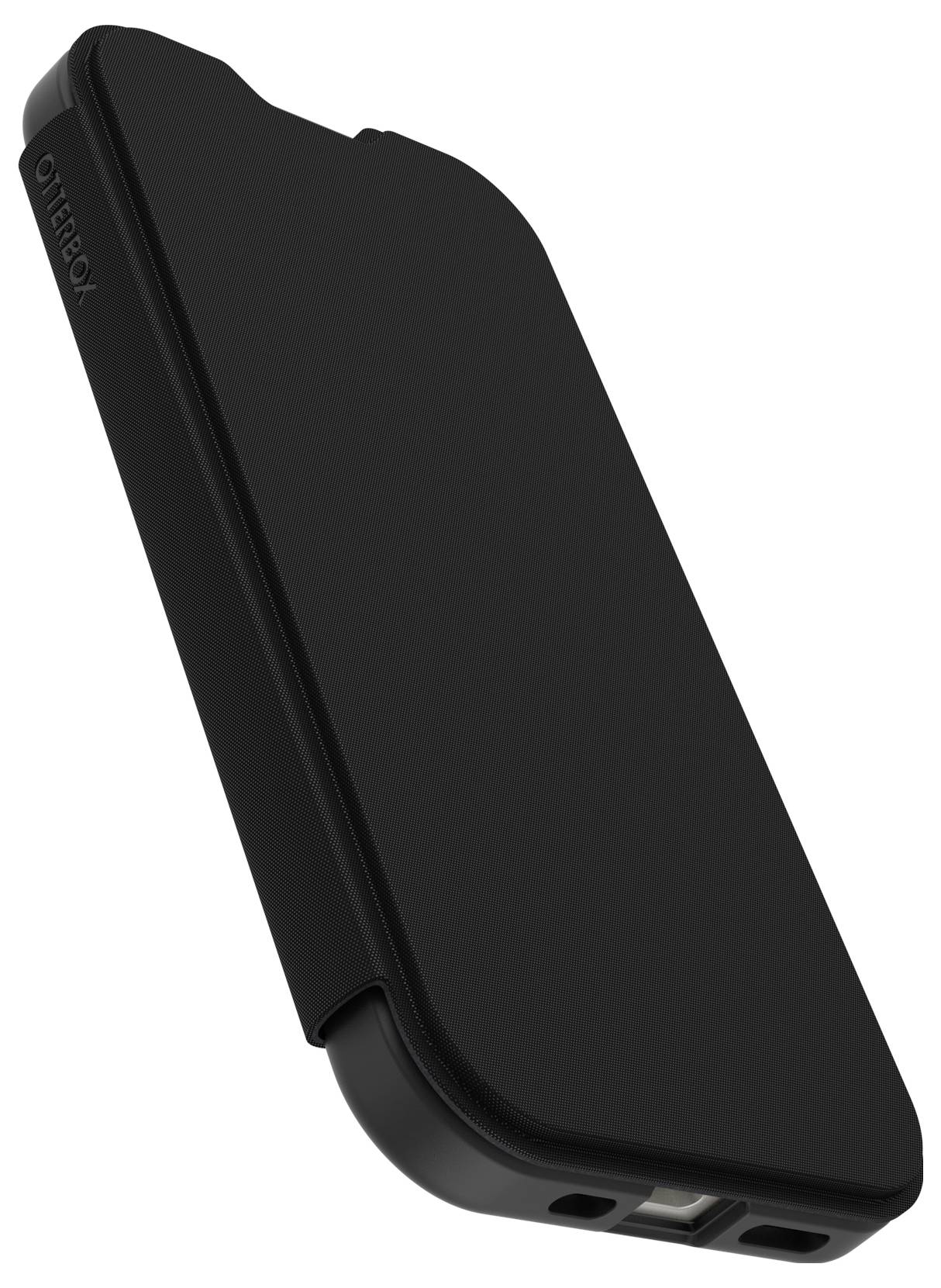 Černé ochranné pouzdro na telefon OtterBox zobrazené v úhlovém pohledu zepředu na bílém pozadí s viditelnými výřezy pro přístup k portům a reproduktoru ve spodní části.