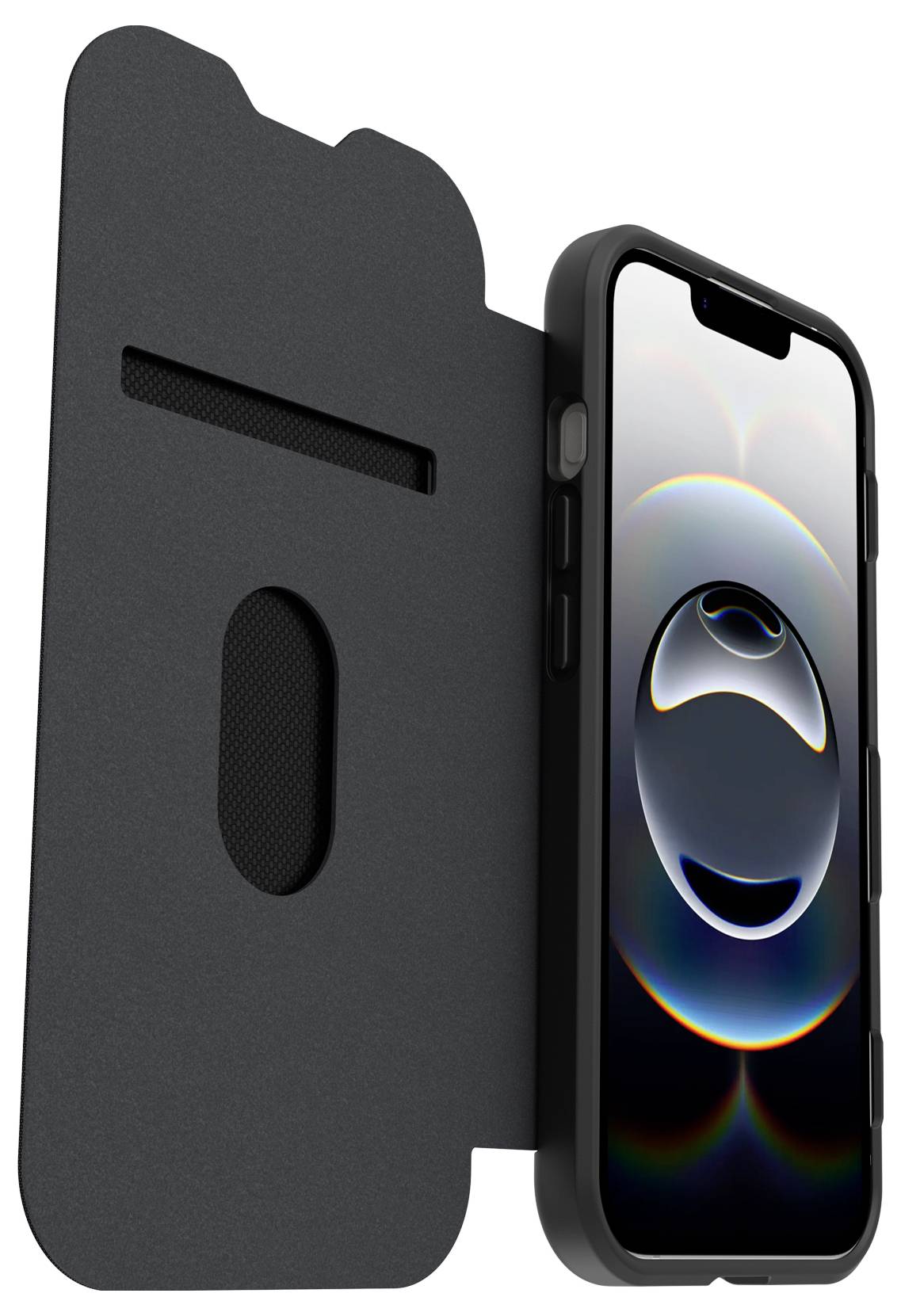Černý smartphone zobrazený s otevřeným ochranným pouzdrem ve stylu folio, obsahujícím přední kryt a přiléhavou ochranu obrazovky telefonu.