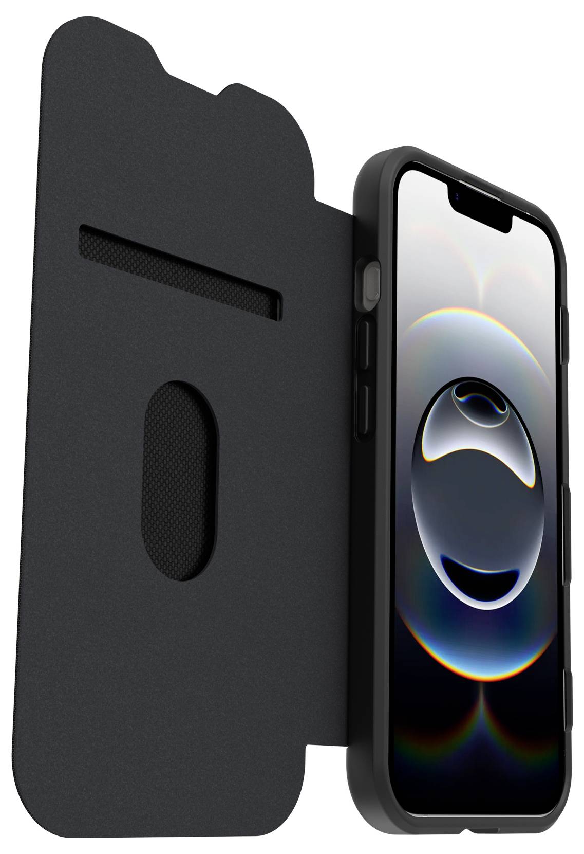Černé pouzdro na telefon zobrazené otevřené vedle iPhonu s přední krytkou a výřezy pro fotoaparát a ovládací prvky.
