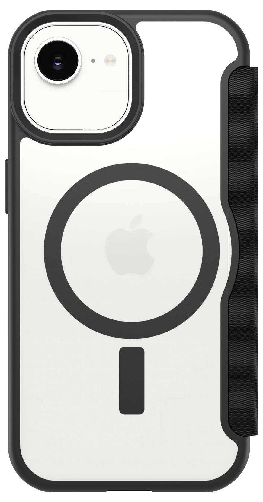 Bílý iPhone v černém ochranném pouzdru s magnetickým nabíjecím kroužkem MagSafe a výřezem pro fotoaparát, zobrazený zezadu.