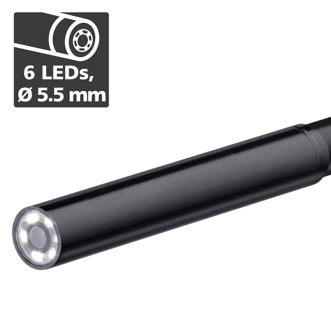 Endoskopická kamera se 6 LED diodami, průměr 5,5 mm, černá.