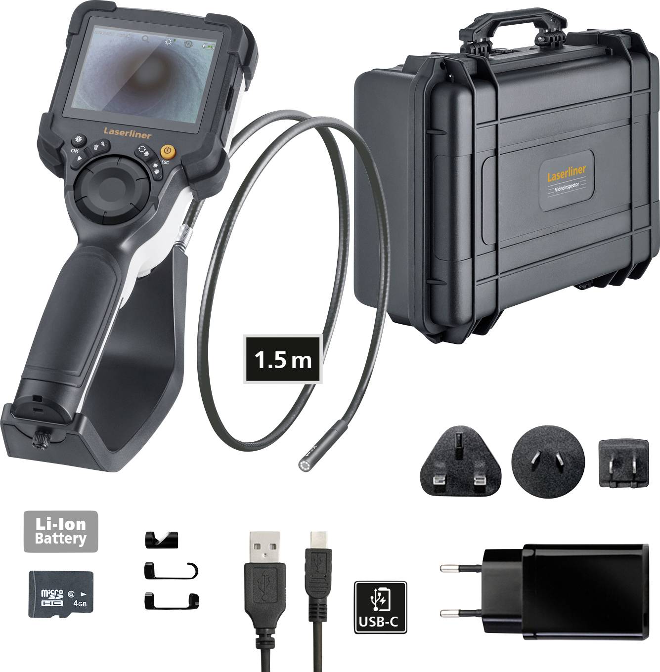 Inspekční kamerová sada: digitální kamera s 1,5 m flexibilním kabelem, robustním přepravním kufříkem, Li-Ion baterií, USB-C kabelem, napájecími zdroji a adaptéry.