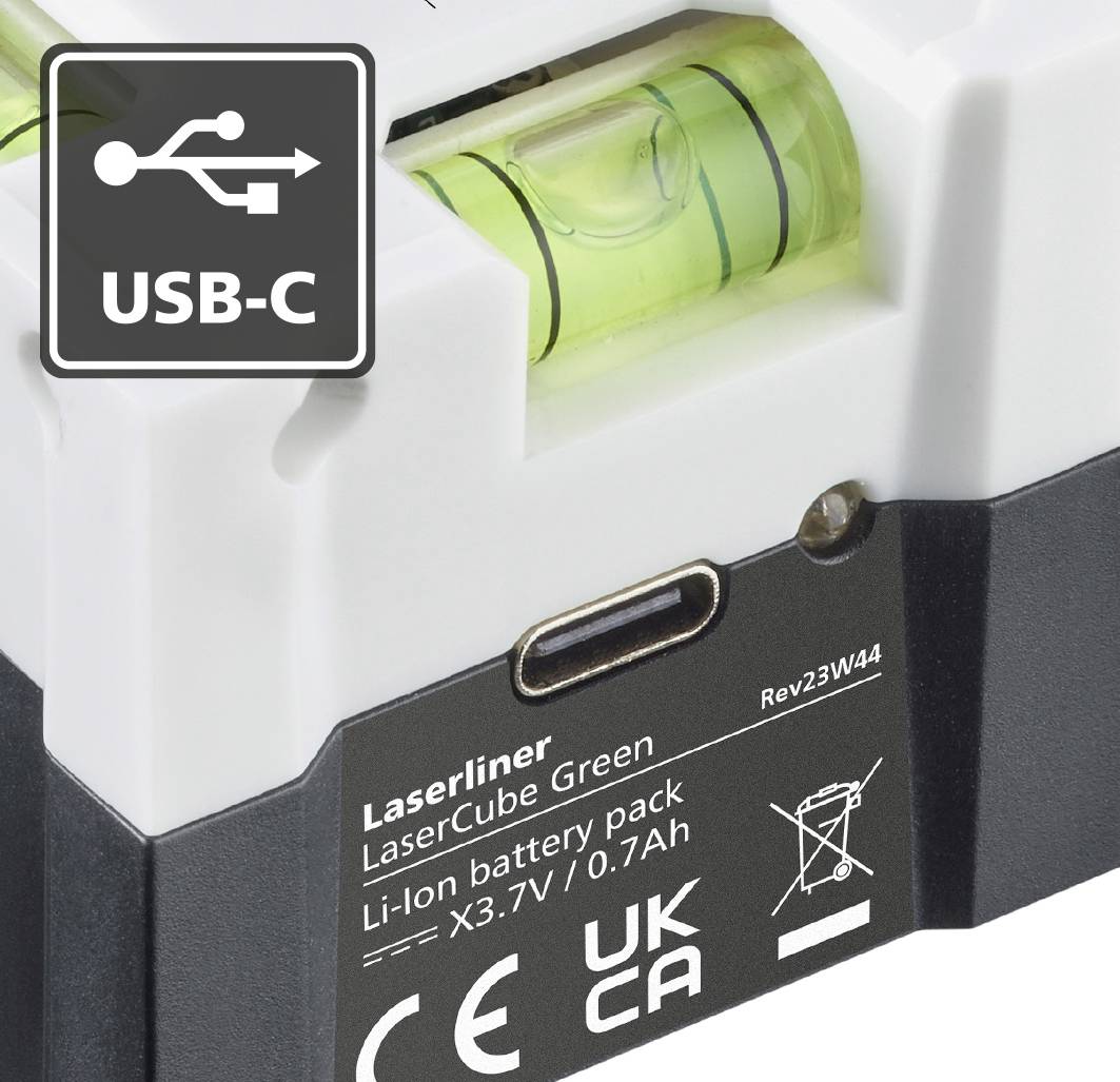 Laserový nivelační kostka s USB-C připojením a integrovanou vodováhou. Typ baterie: Li-Ion, 3,7V/0,7Ah.