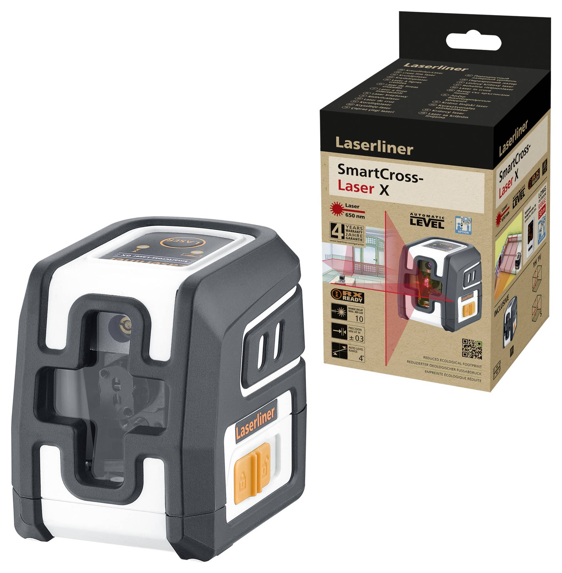 Laserový dálkoměr Laserliner SmartCross-Laser X s obalem. Vhodný pro přesné horizontální a vertikální nivelování.