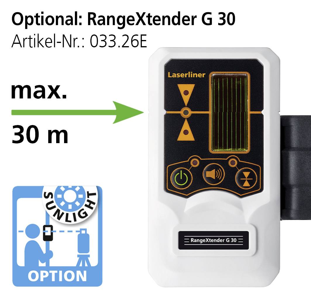Laserový přijímač s displejem 'max. 30 m'. Volba 'RangeXtender G 30'. Katalogové číslo: 033.26E. Symbol zobrazuje možnost slunečního světla.