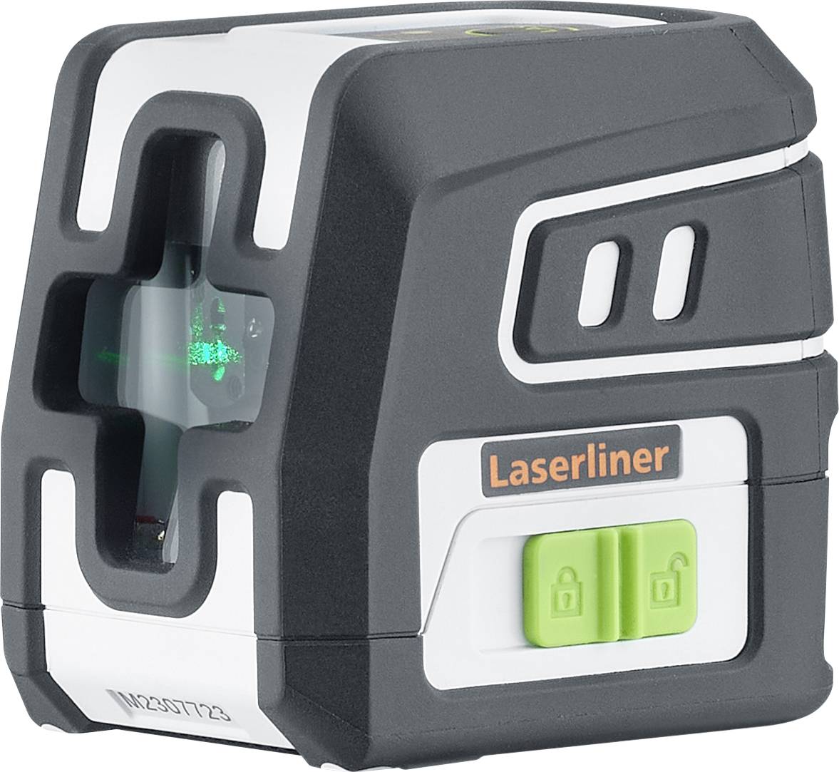 Laserový měřicí přístroj se zeleným křížovým laserem, černým pouzdrem a zeleným tlačítkem. Přesně vyznačuje linie pro stavební práce.