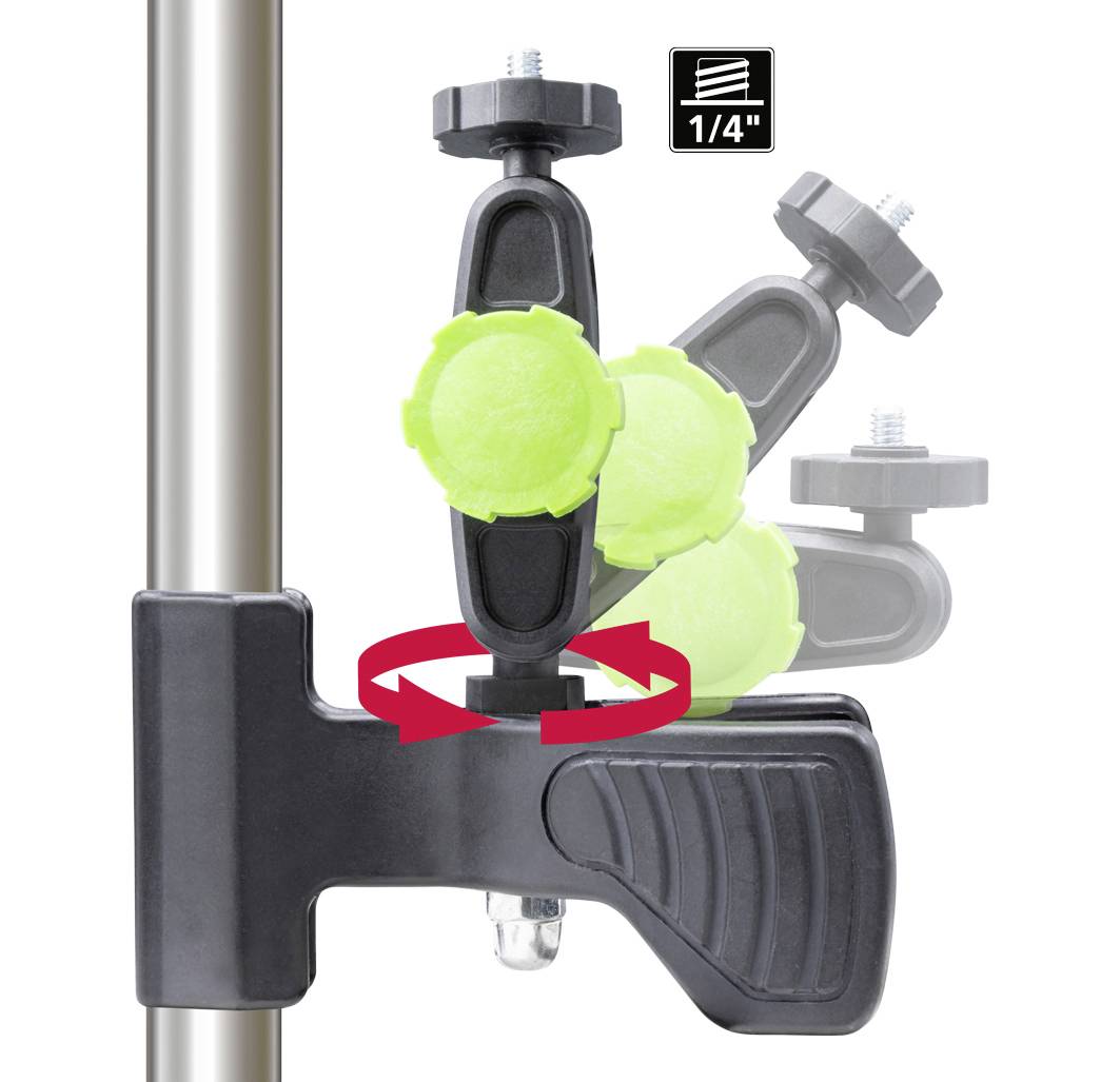 Otočný držák se zeleným ovládacím knoflíkem na kovovém tyči. Knoflík ukazuje nastavení polohy držáku.