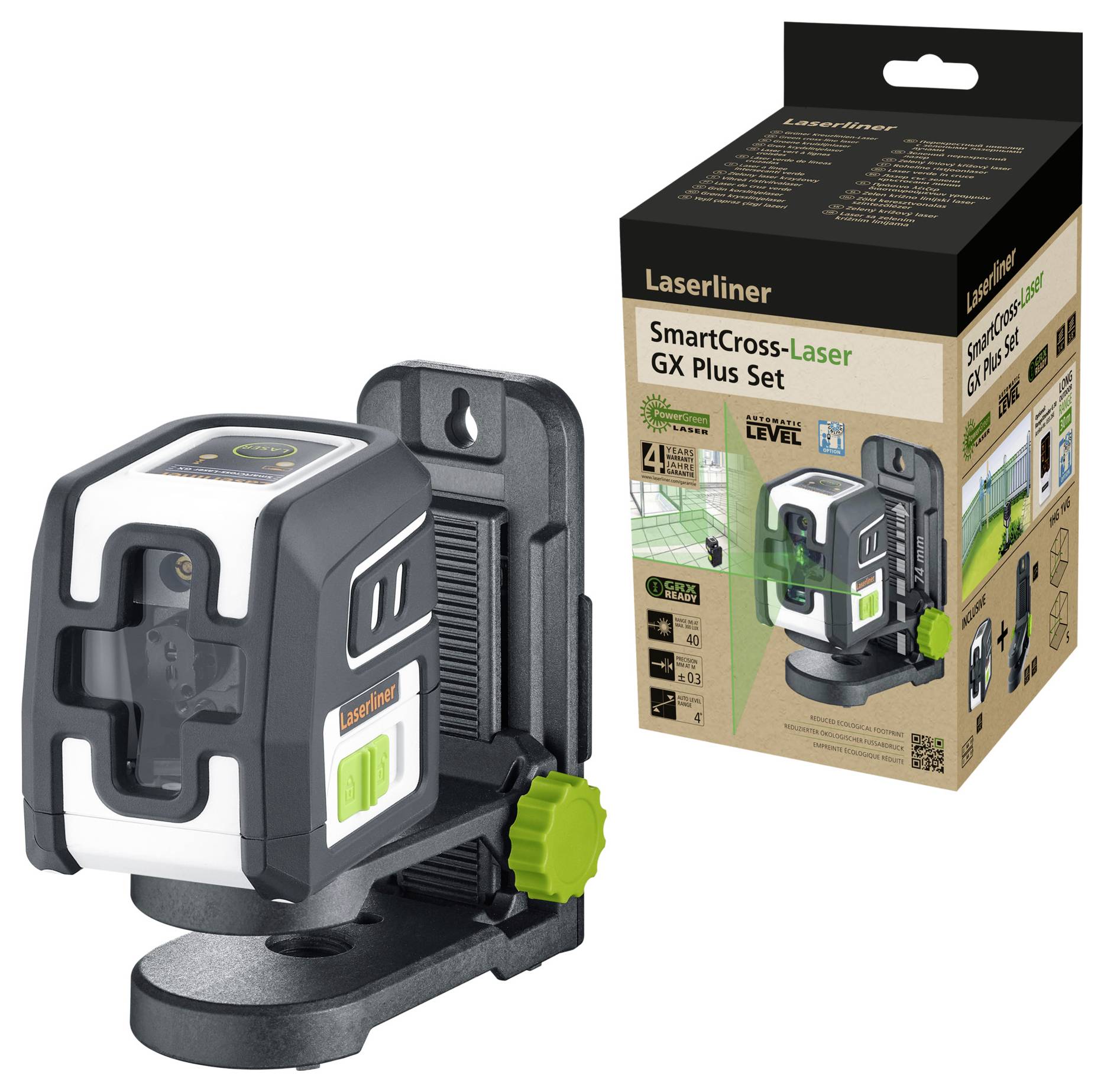 Laserliner SmartCross-Laser GX Plus Set: Křížový čárový laser s nástěnným držákem a příslušenstvím. Balení zobrazuje způsoby použití produktu.