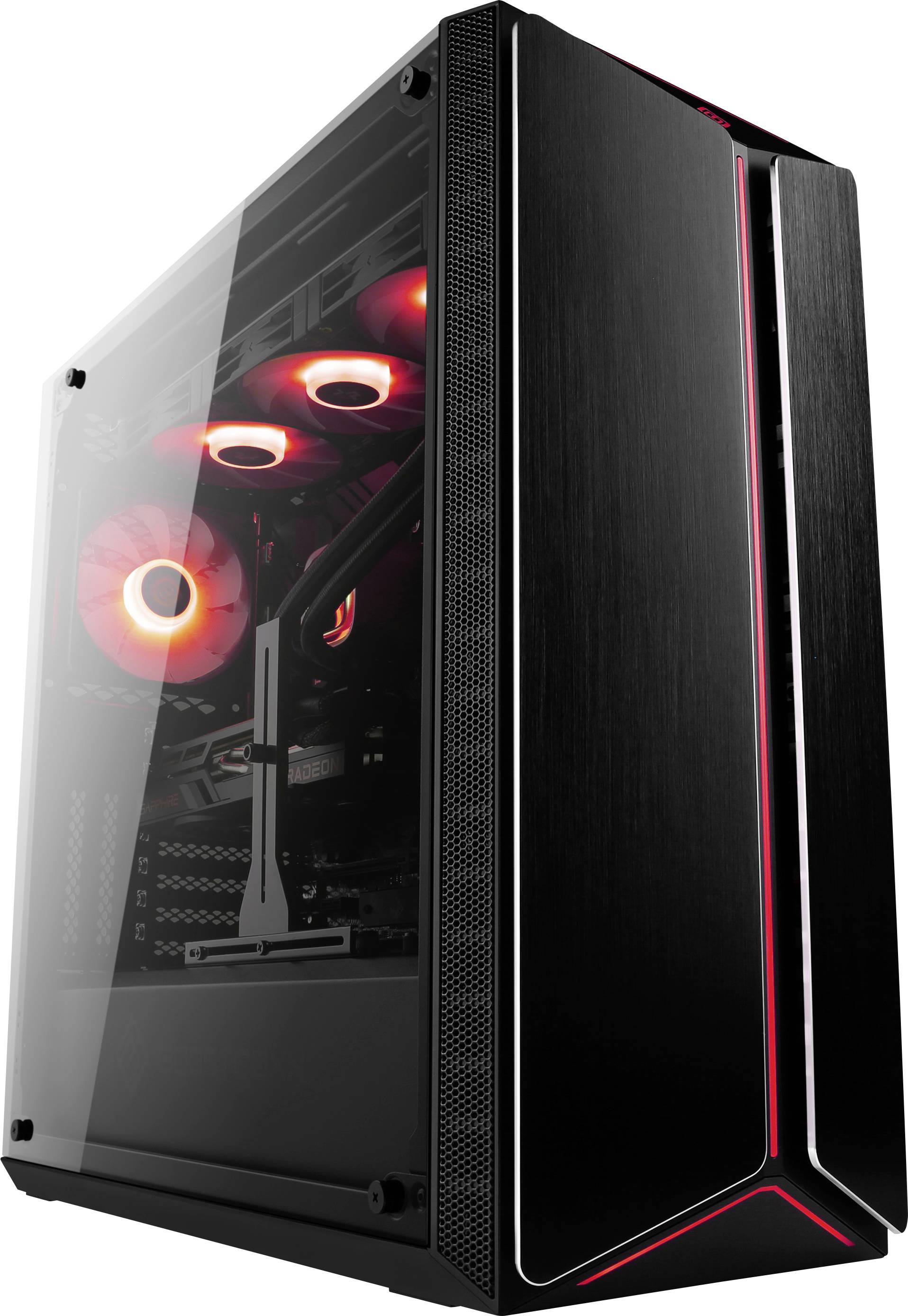 Moderní počítačová skříň s hladkým černým tělem a červeným LED osvětlením uvnitř, viditelným skrze skleněný panel.
