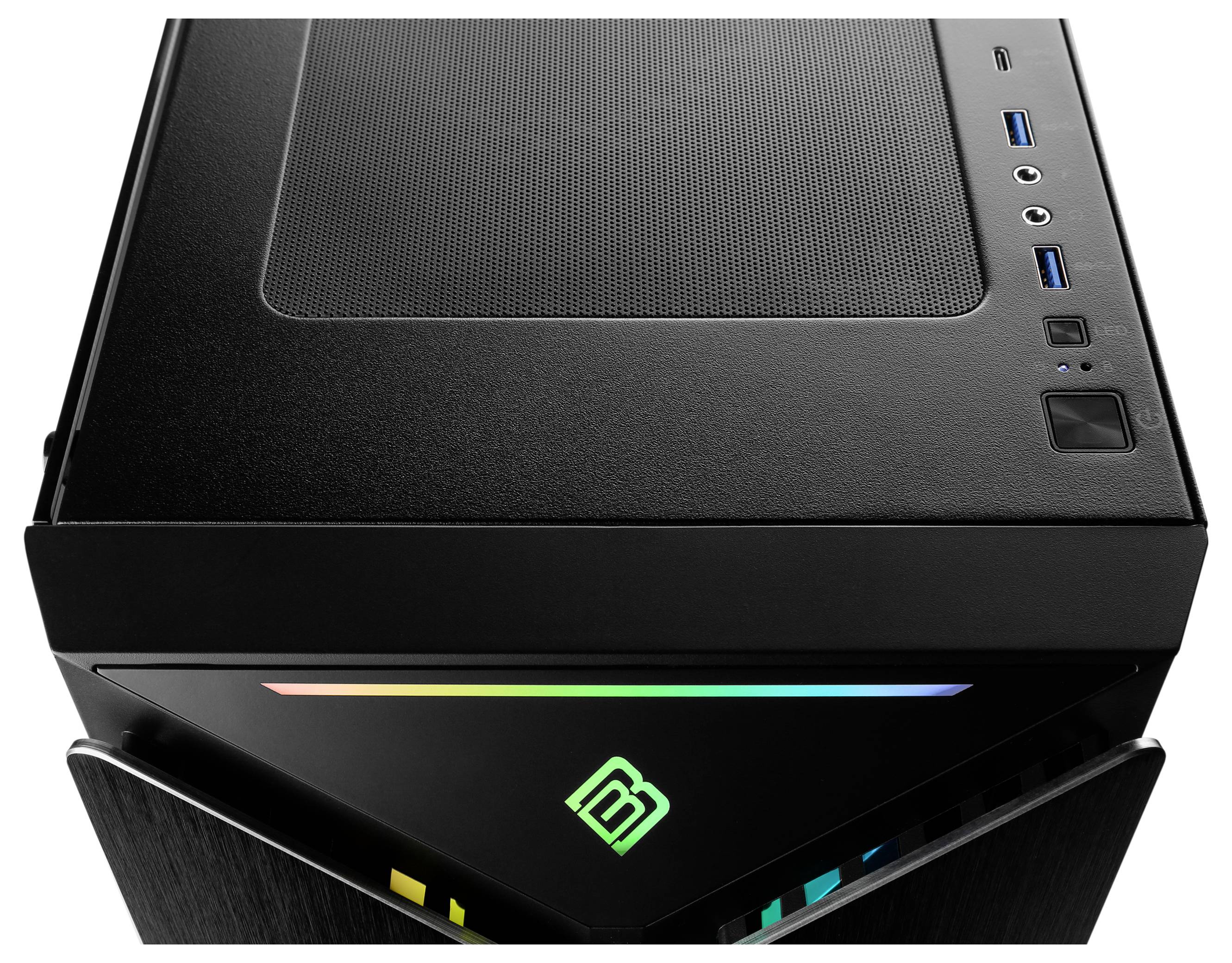 Černá počítačová skříň s RGB podsvícením v horním levém rohu a několika porty na horní straně.