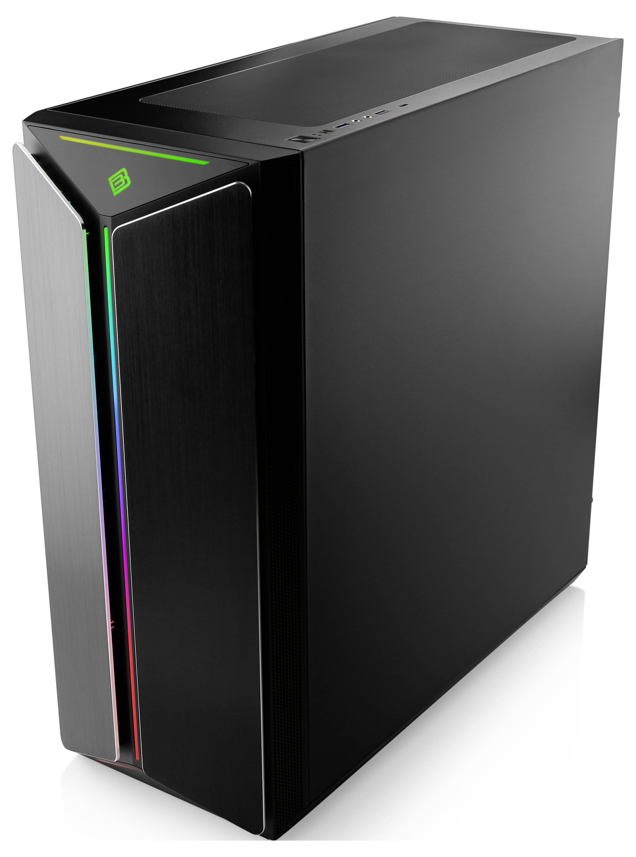 Černá počítačová skříň s vertikálními RGB LED světly na přední straně. Jednoduché, moderní designové provedení s minimálními detaily.