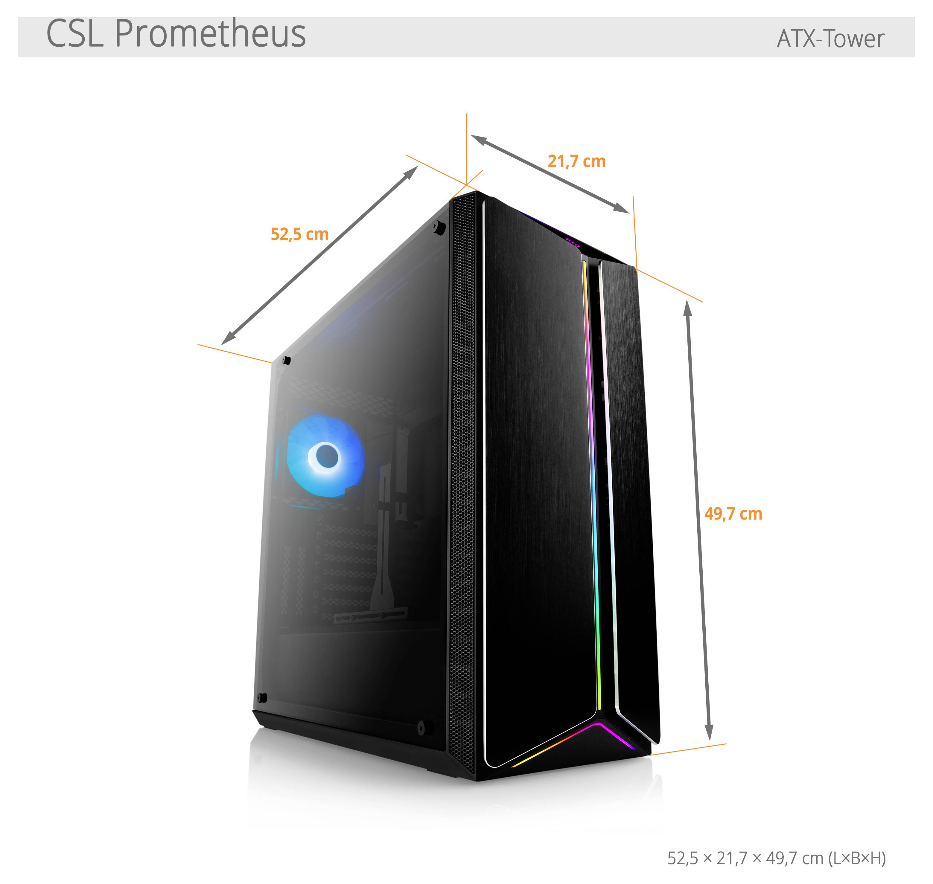 Počítačová skříň CSL Prometheus ATX-Tower, černá s RGB osvětlením. Rozměry: 52,5 cm výška, 21,7 cm šířka, 49,7 cm hloubka.