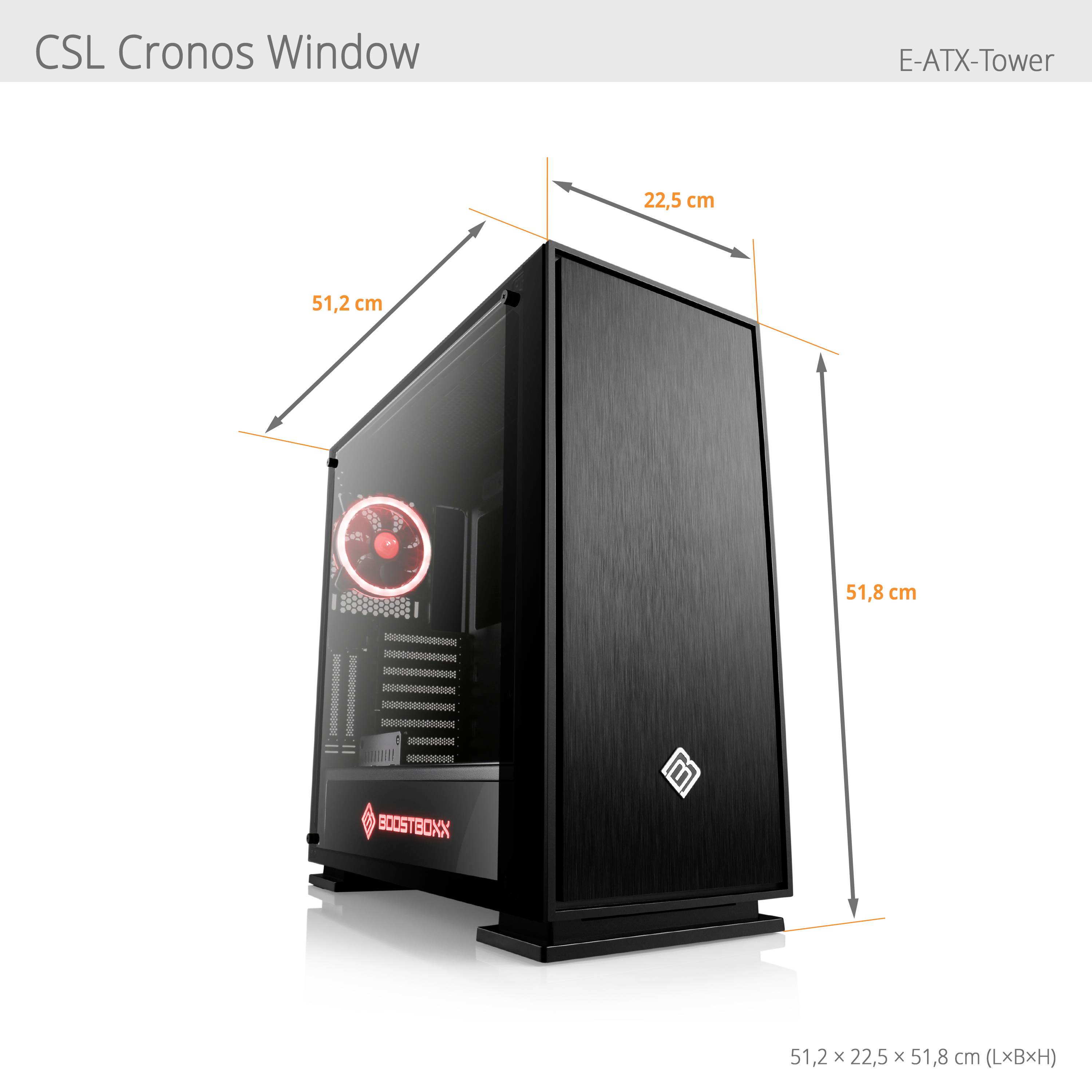 Černá počítačová skříň 'CSL Cronos Window' ve formátu E-ATX tower. Rozměry jsou 51,2 cm x 22,5 cm x 51,8 cm (délka x šířka x výška).