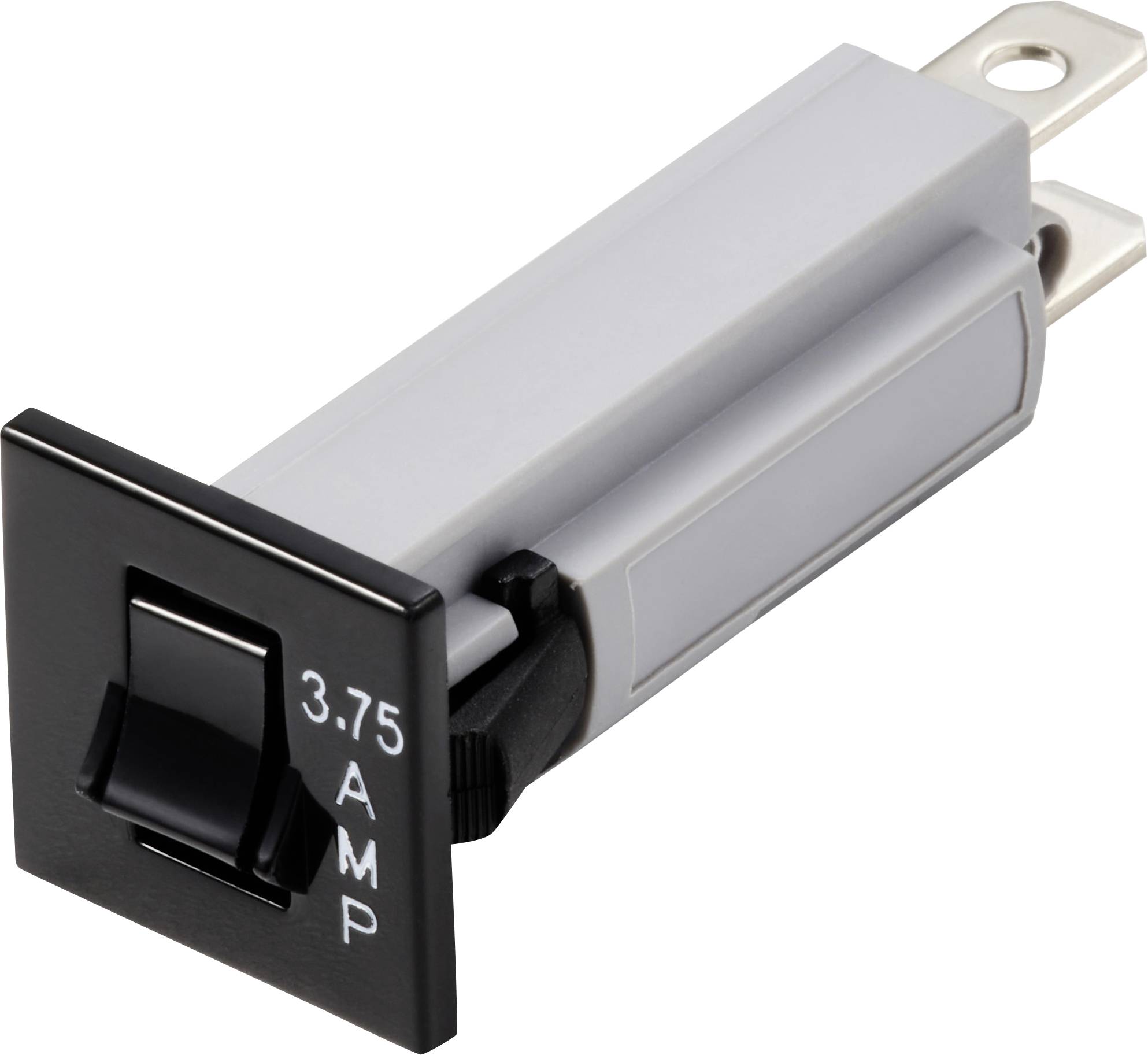 Černý výklopný spínač s bílým pouzdrem, označený '3.75 AMP', s bočními přípojkami.