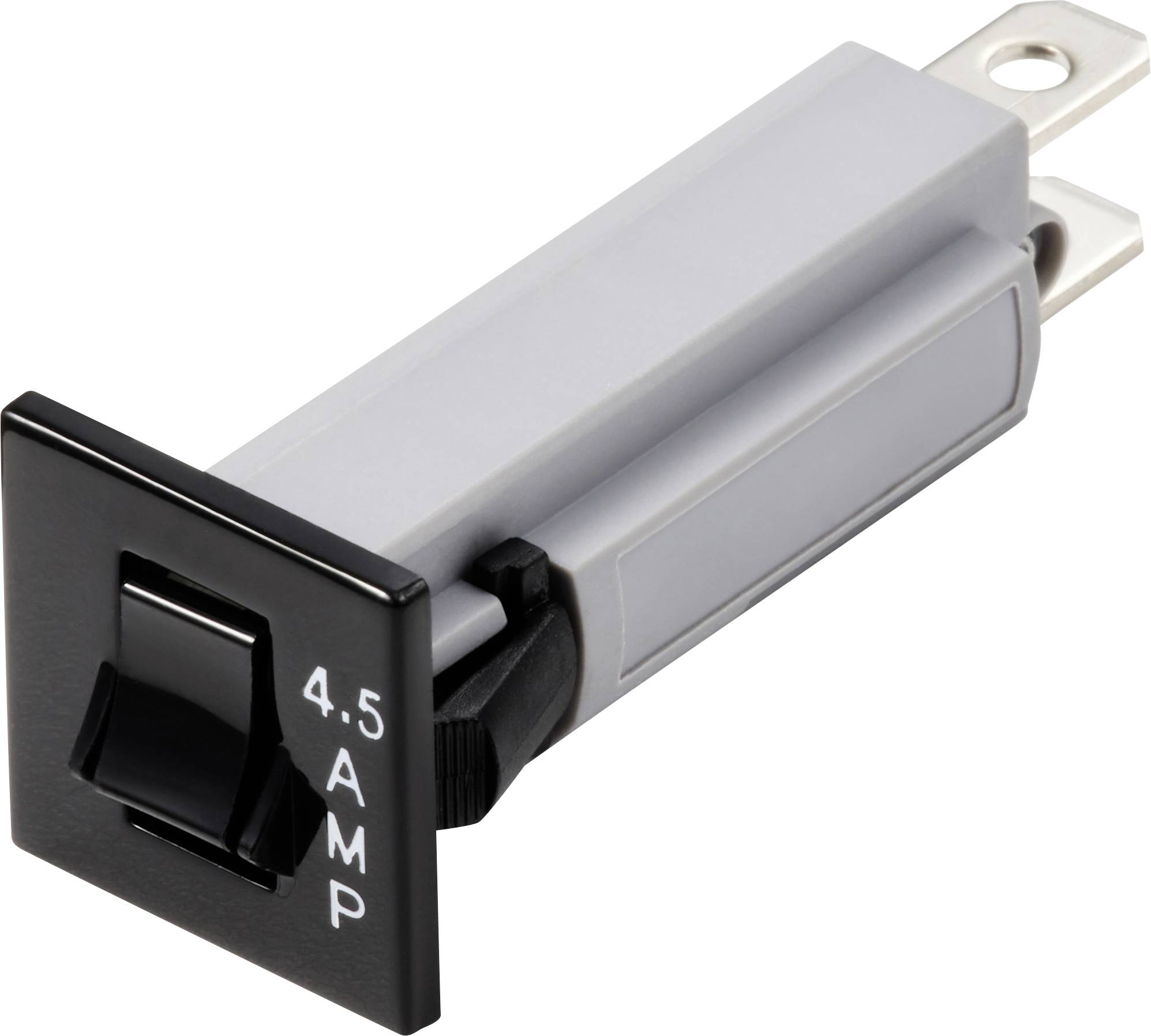 Černý páčkový spínač s nápisem '4.5 AMP', namontovaný na šedém obdélníkovém soklu pro elektrické aplikace.