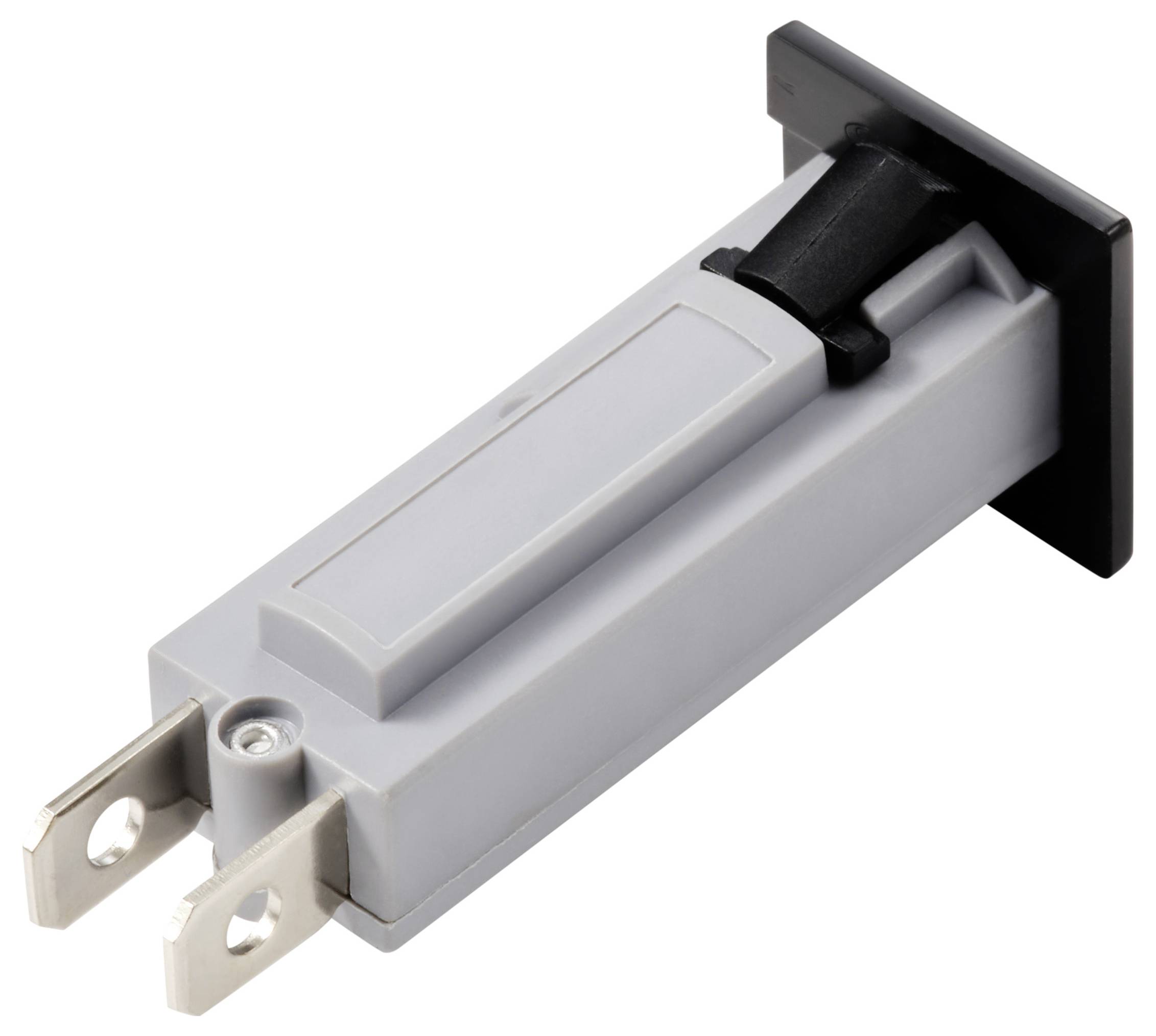 Obdélníkový šedý jistič se dvěma kovovými svorkami a černou pákou, pravděpodobně určený k elektrickému jištění.