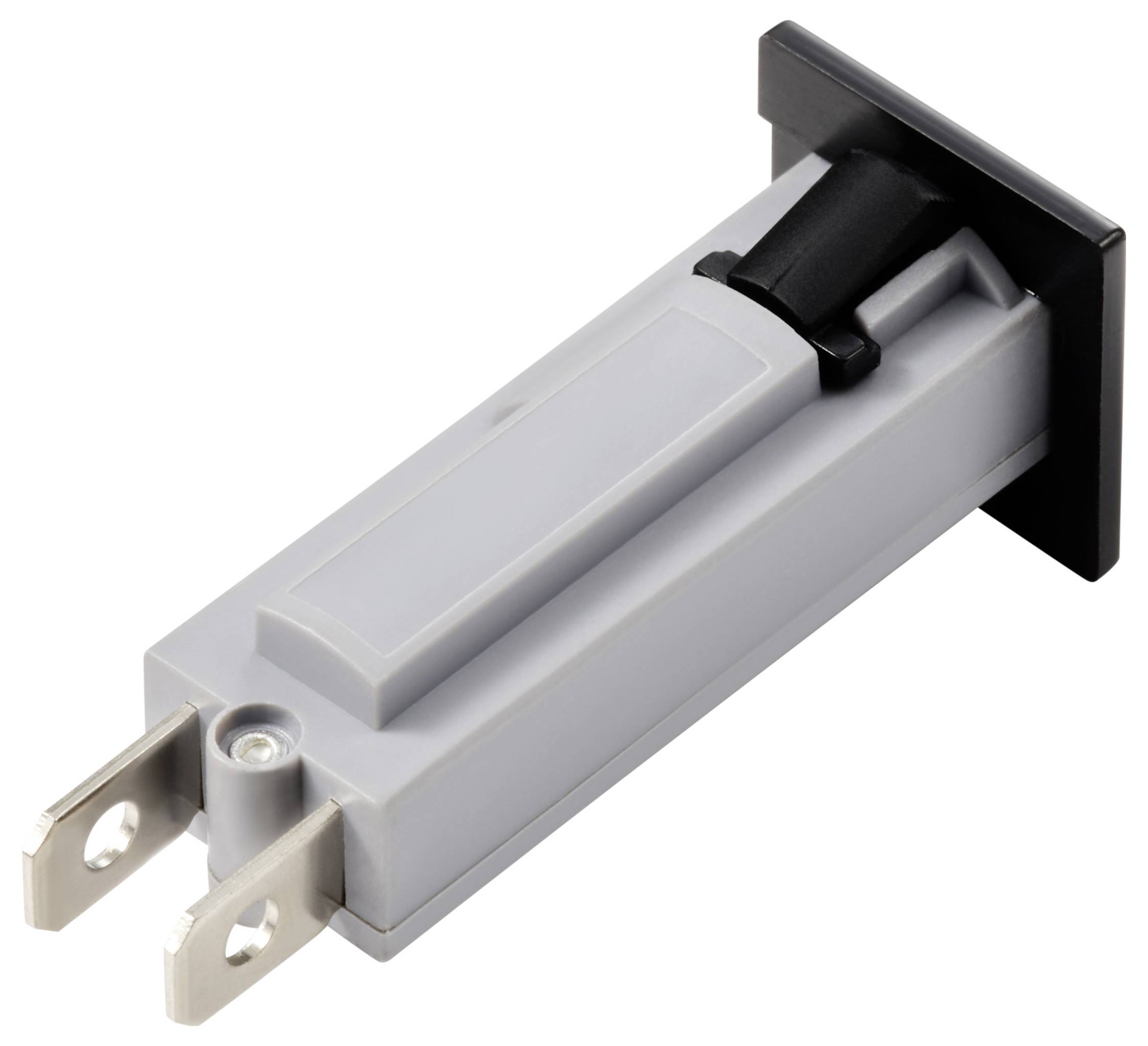 Šedý držák pojistky s černou rukojetí a dvěma kovovými kontakty. Vhodný pro elektronické aplikace.