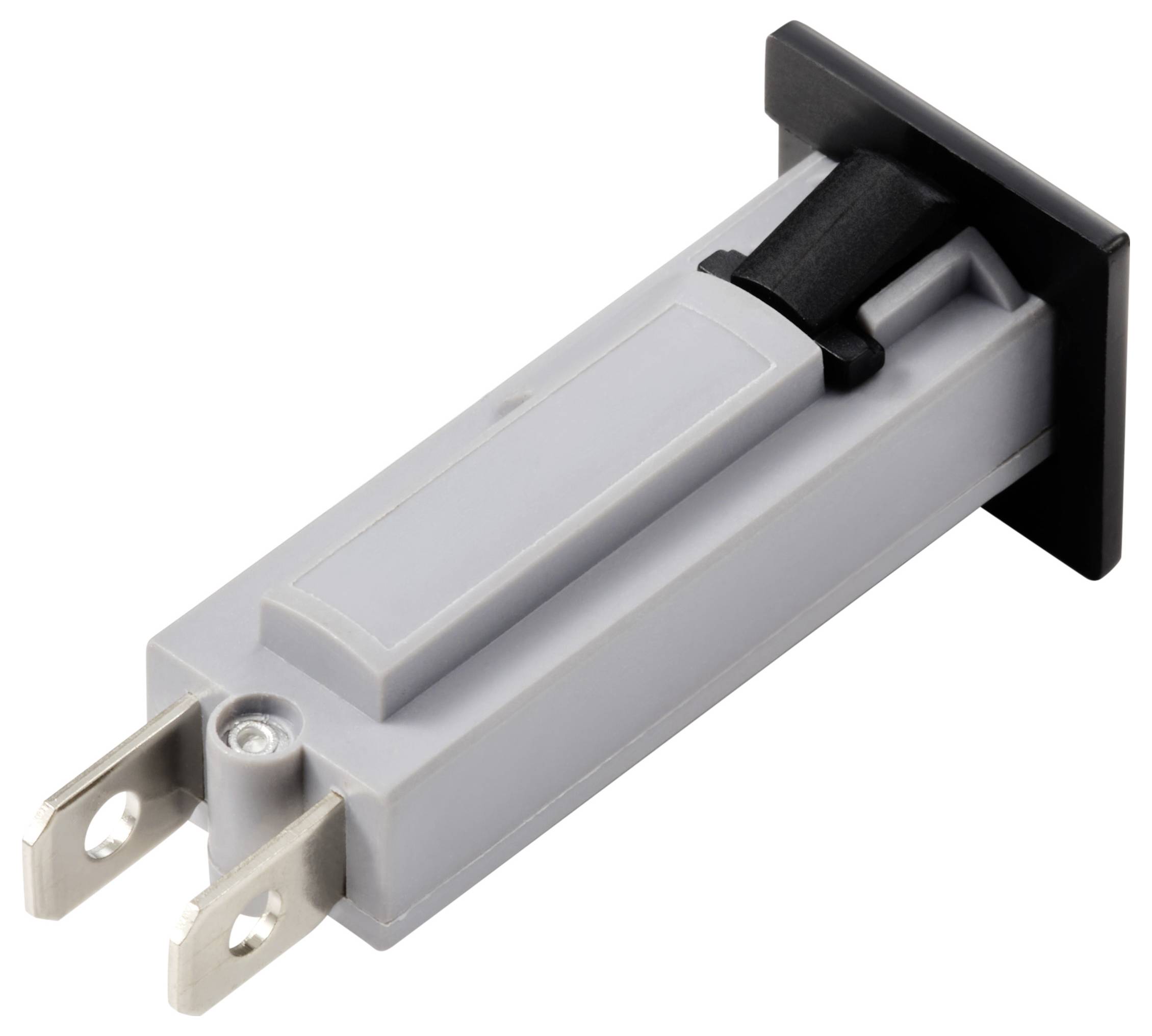 Šedý, obdélníkový elektrický konektor se dvěma kovovými kontakty a černou rukojetí, izolovaný na bílém pozadí.