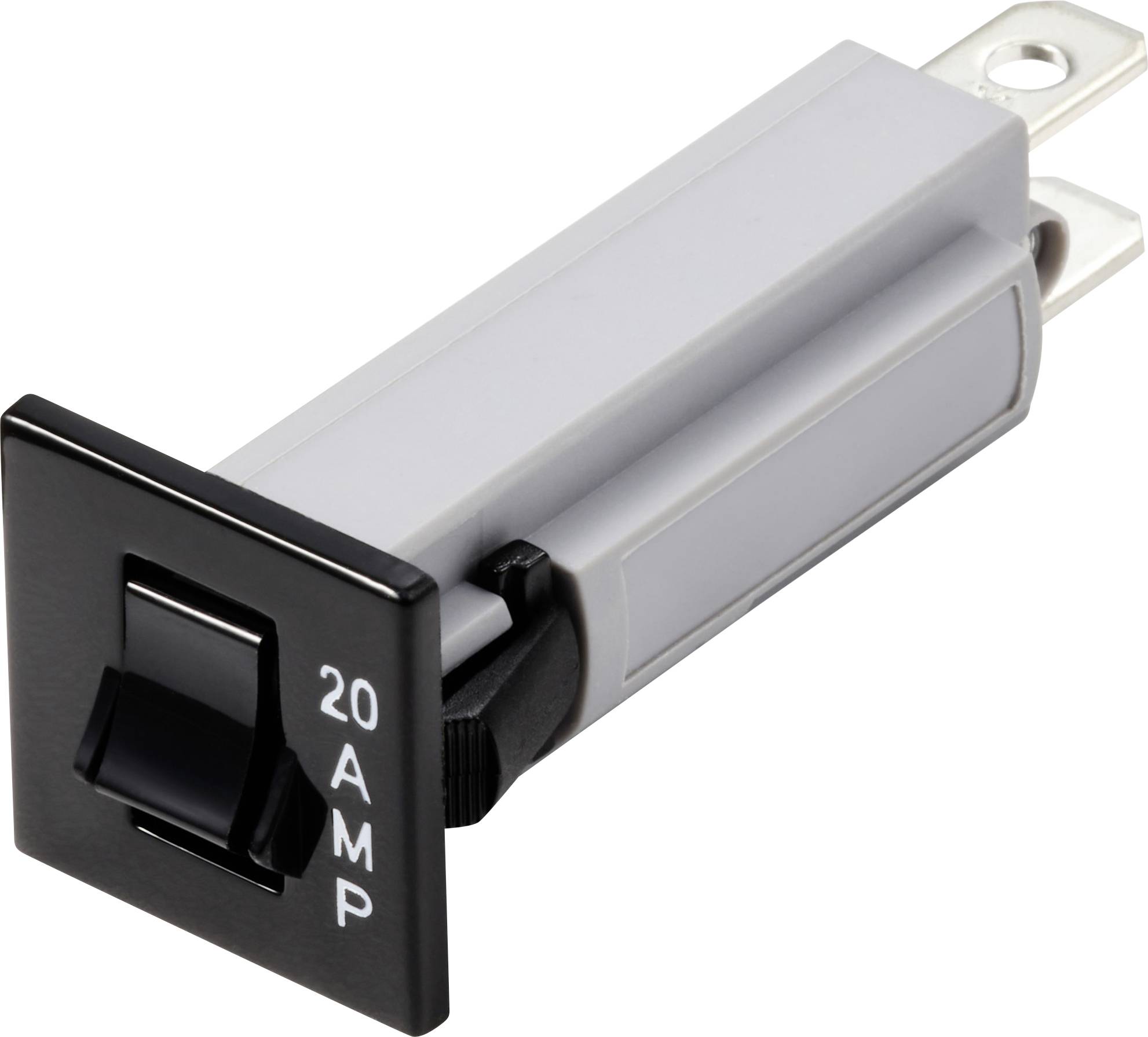 Černý elektrický spínač s nápisem '20 AMP', namontovaný na obdélníkovém šedém krytu.