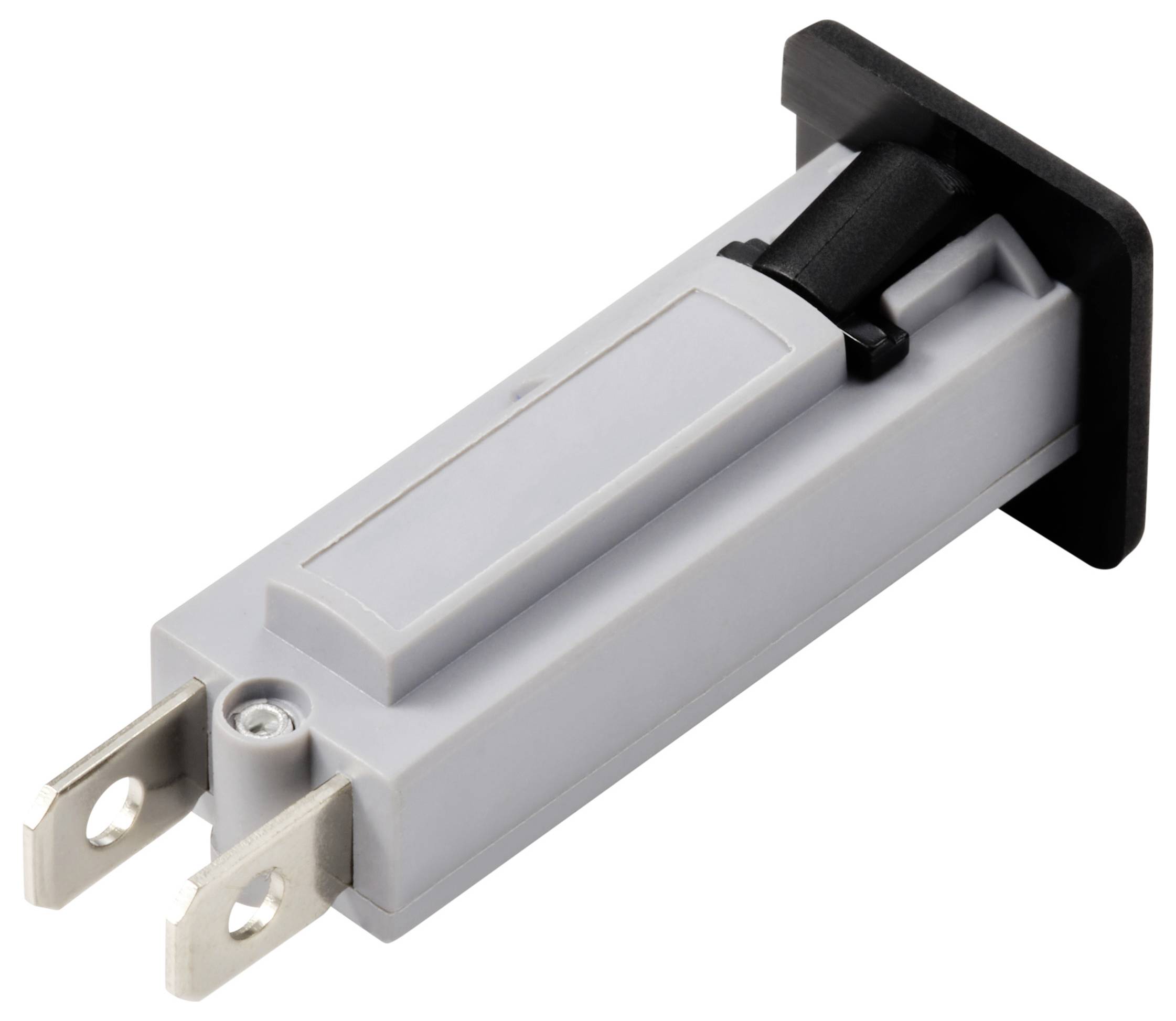 Obdélníkový šedý elektrický odpor se dvěma plochými konektory a černým plastovým krytem.