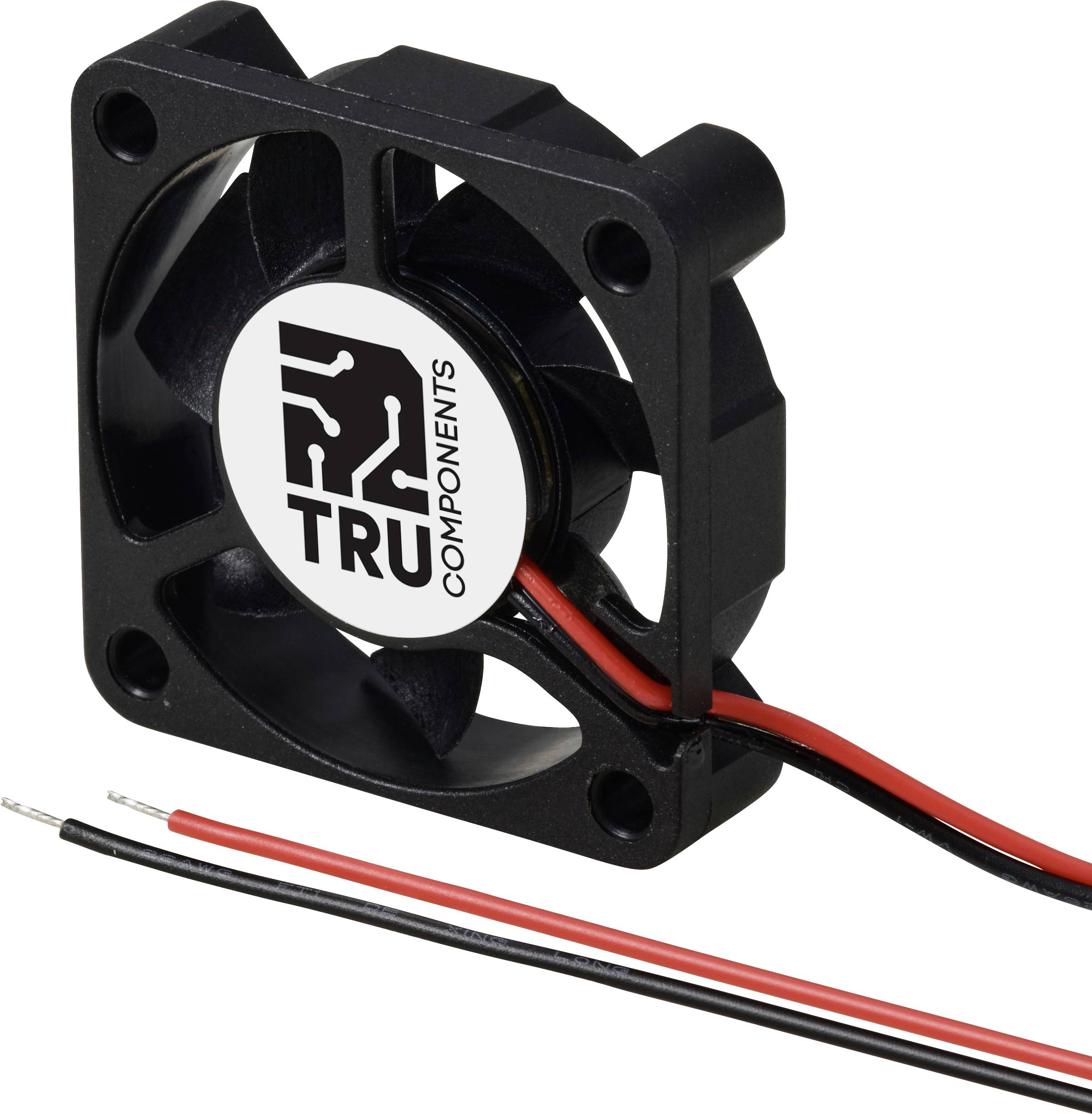 Černý ventilátor s logem TRU Components a dvěma vyčnívajícími kabely, červeným a černým, pro napájení.