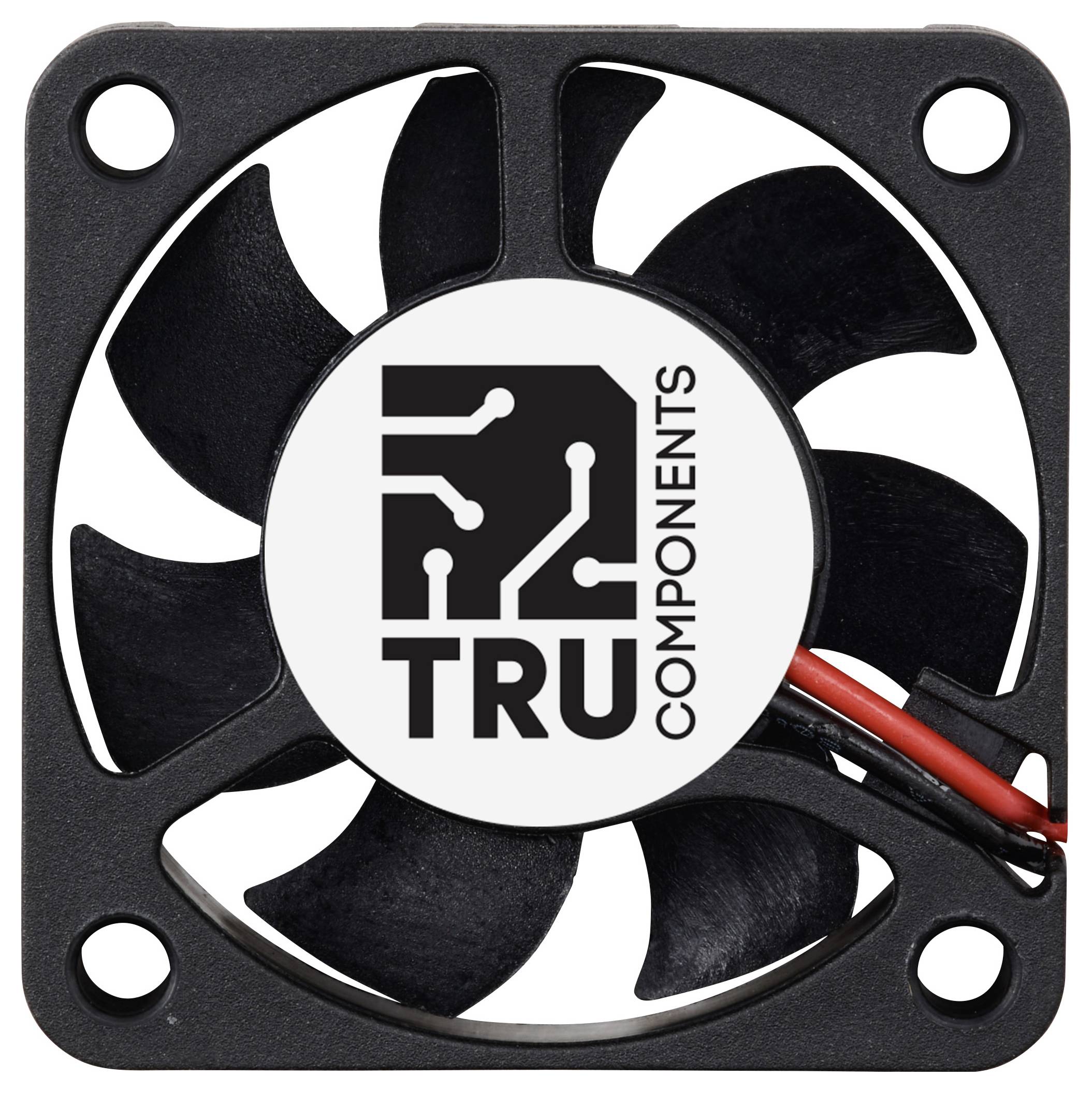 Černý ventilátor s pěti lopatkami a logem TRU Components uprostřed. Dva kabely vedou od ventilátoru.
