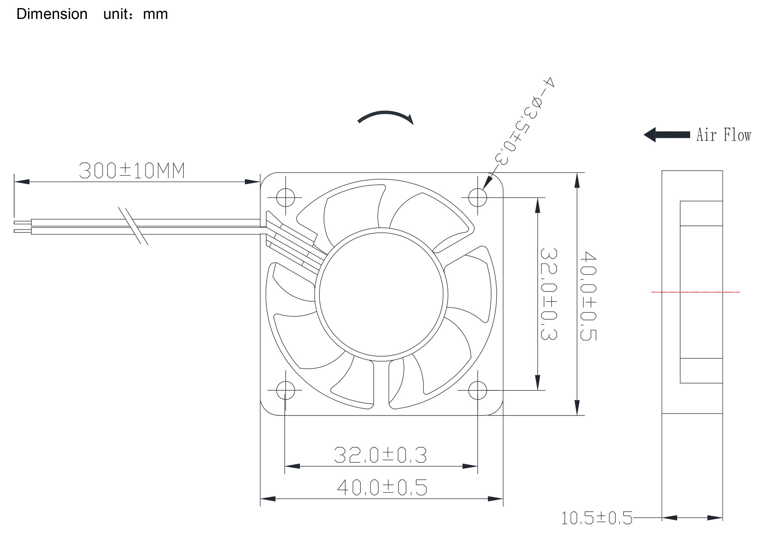Technický výkres ventilátoru, rozměry: 40x40x10 mm. Směr proudění vzduchu a připojovací kabel vyznačeny. Rozměry v mm.