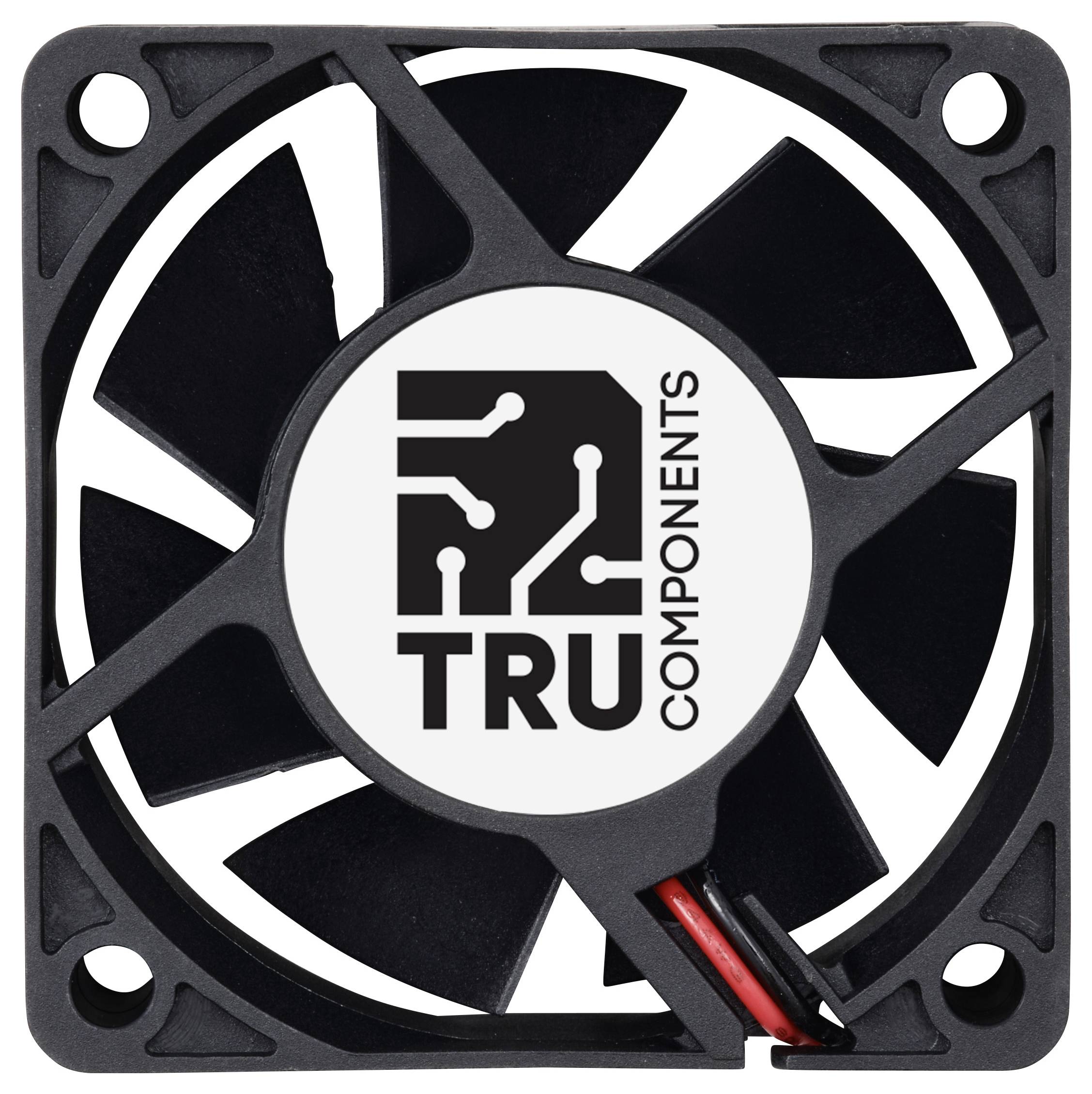 Černý počítačový ventilátor s sedmi lopatkami, zobrazený čelně. Uprostřed se nachází logo s nápisem 'TRU Components'.