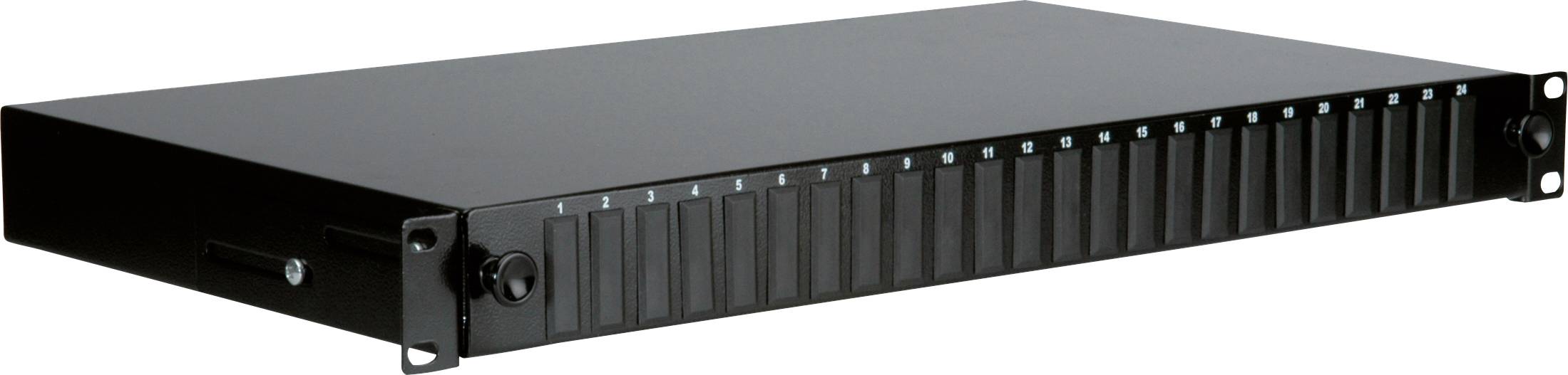 Černý serverový rack ve výšce 1U s větracími otvory a montážními otvory po stranách, určený pro instalaci do serverové skříně.