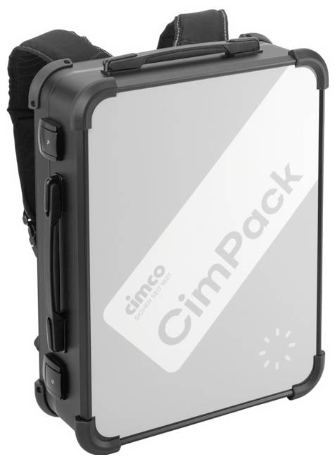 Přenosný batoh s robustním pláštěm a nápisem 'Cimco CimPack'. Vyvinut pro bezpečnou přepravu nářadí.