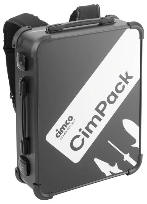 Černý kufřík s ramenními popruhy, potisk 'Cimco CimPack', motivy nářadí dole vpravo.