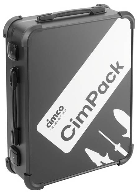 Kufřík s nápisem 'CimPack' a siluetami nástrojů. Značka 'cimco'. Černobílý design, madla po stranách.