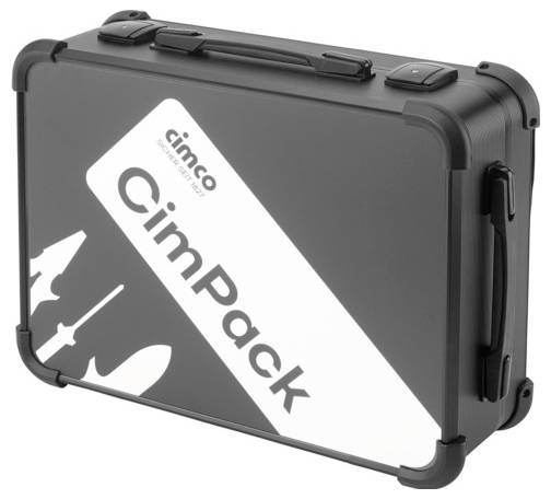 Černý kufřík s nápisem 'CimPack' a logem 'Cinco', v pozadí stylizované siluety nástrojů.