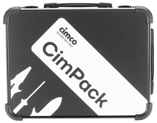 Černý kufřík na nářadí s nápisem 'CimPack'. Na levé straně jsou viditelné siluety nářadí.