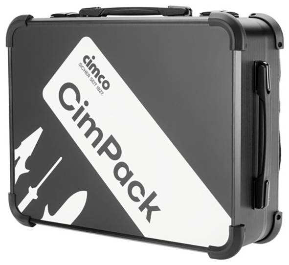 Černý kufřík s nápisem 'Cimco – CimPack', včetně stylizovaných siluet nářadí.