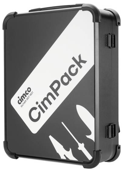 Černý kufřík na nářadí s nápisem 'CimPack'. Na přední straně jsou zobrazeny logo a symboly nářadí.