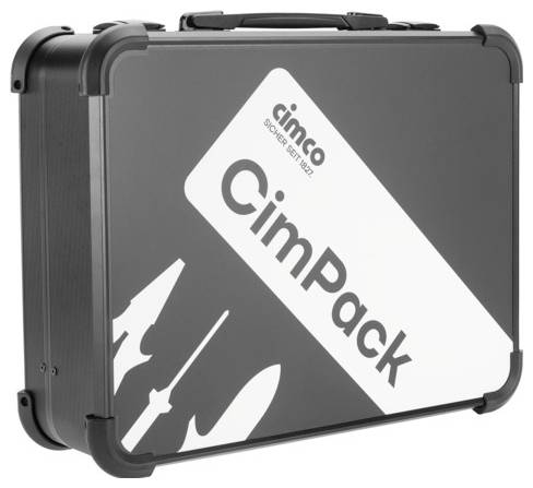 Černý kufřík na nářadí s potiskem 'Cimco CimPack' a siluetami nástrojů na přední straně.