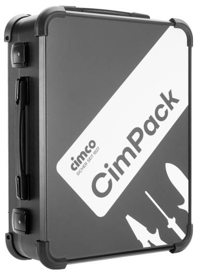 Černý kufřík na nářadí s nápisem "Cimco CimPack" a stylizovanými obrázky nářadí na víku.