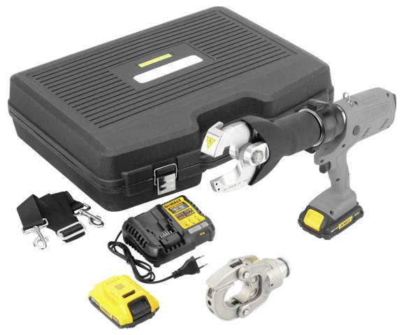 Sada hydraulického řezacího nástroje: obsahuje transportní kufr, nabíječku, akumulátor, náhradní hlavu a popruh. Ideální pro práce s kabely.