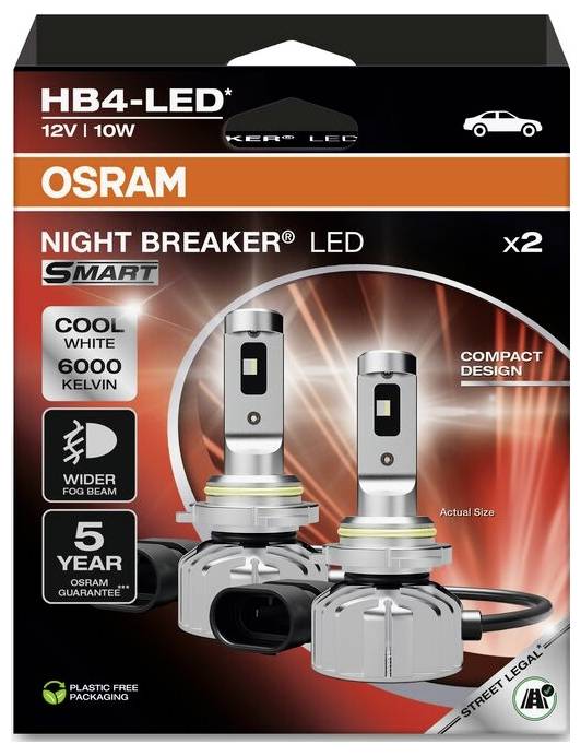 'OSRAM NIGHT BREAKER LED' produktová krabice se dvěma LED žárovkami, 6000 Kelvinů, kompaktní provedení, 5 let záruky.