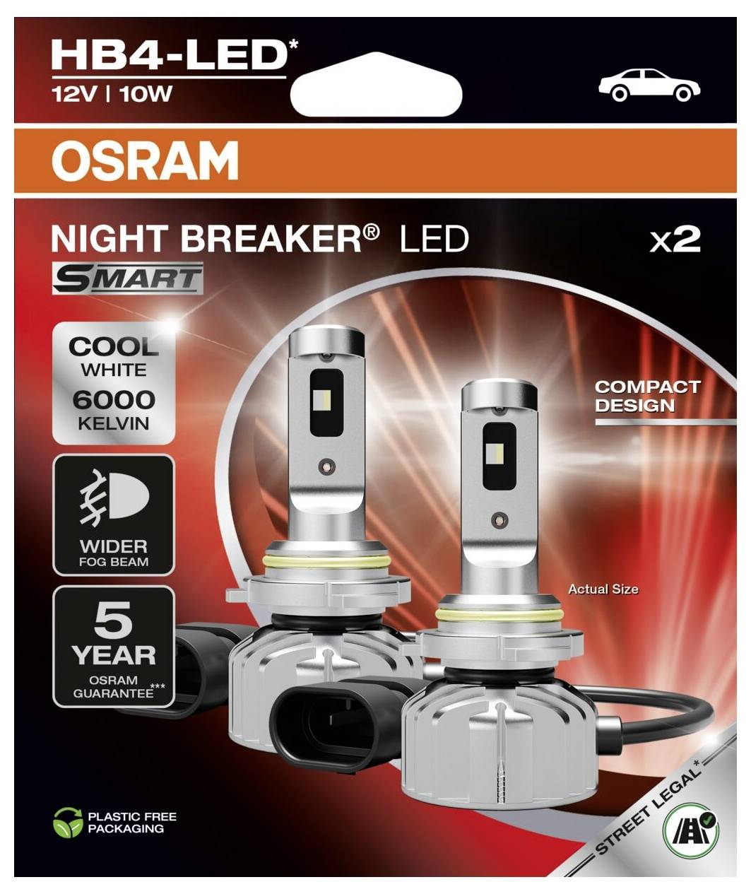 Dva LED reflektory HB4 od OSRAMu, řada 'NIGHT BREAKER'. Vlastnosti: studená bílá 6000 Kelvinů, širší světelný paprsek, 5 let záruky.