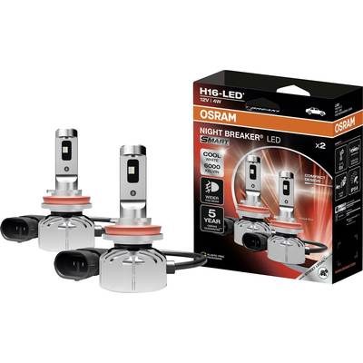 'Produktový obrázek LED světlometů OSRAM H16 NIGHT BREAKER. Zobrazuje dvě žárovky a jejich balení. Studená bílá 6000 Kelvinů, 5 let záruky.'