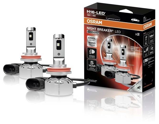 Balení dvou LED žárovek Osram H16 Night-Breaker. Poskytují studené bílé světlo o teplotě 6000 Kelvinů a jsou dodávány s 5letou zárukou.