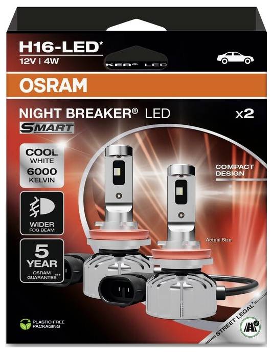 Dvě LED autožárovky H16 od OSRAMU, model NIGHT BREAKER LED, studené bílé světlo s teplotou 6000 Kelvinů, kompaktní design, pětiletá záruka.