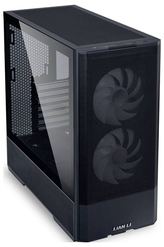 Černá počítačová skříň se dvěma velkými ventilátory vpředu a průhlednou boční stěnou. Má moderní, minimalistický vzhled.