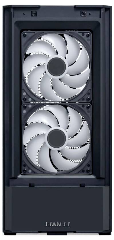 Skříň se dvěma velkými viditelnými ventilátory a logem značky 'Lian Li' dole.