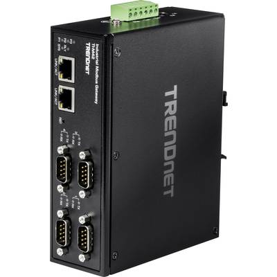 Průmyslová Modbus brána od TRENDnetu se dvěma ethernetovými porty a čtyřmi sériovými rozhraními, vhodná pro síťová připojení.