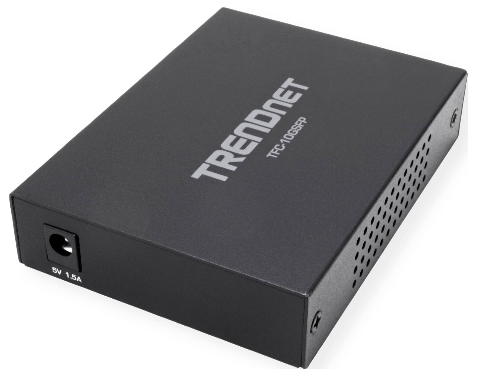 Černý síťový adaptér Trendnet, model TFC-1000SFP, s větracími otvory na straně a připojením 5V/1,5A.
